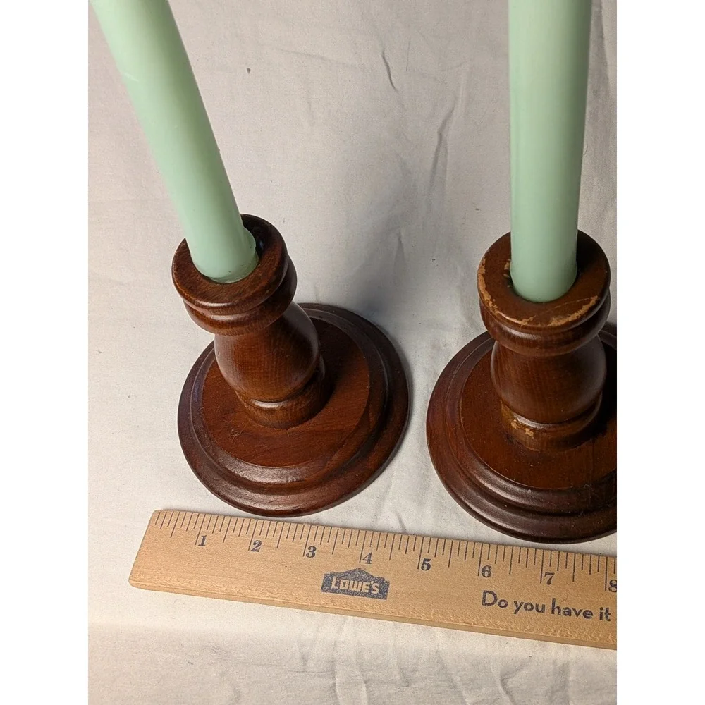 Vintage Turned Wood Candlestick Set Pair Brown Taper Candle Holders 4.5in